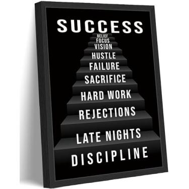 Imagem de Arte de parede em tela de escadaria de sucesso emoldurada, motivacional, inspiradora com ambição de disciplina, decoração de parede, imagem, citação positiva, pôster impresso, pintura para escritório