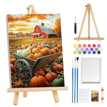Imagem de MOGTAA Kit de pintura de abóbora de outono por números para adultos iniciantes com moldura, kits de pintura de outono para adultos em tela com cavalete, kits de pintura a óleo DIY fáceis para