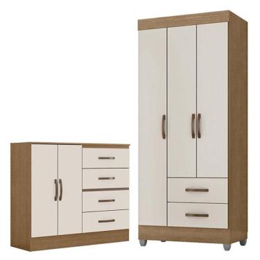 Imagem de Guarda Roupa Solteiro 3 Portas E Cômoda 4 Gavetas E 2 Portas Lite Nature Off White – Móveis Leão