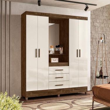 Imagem de Guarda Roupa Casal Capelinha Ambiente Capri 4 Portas Castanho Wood Off White Com Espelho - Moval