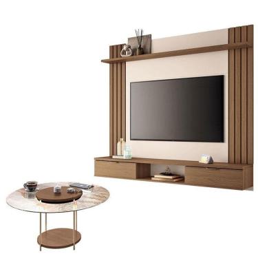 Imagem de Painel Para Suspenso Solus E Mesa De Centro Sky Com Tampo De Vidro Castanho Off White – Hb Móveis