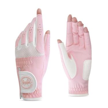 Imagem de Luvas de golfe femininas, um par - respirável, durável, protetor solar, luvas finas de verão para mão esquerda e direita, couro PU com acabamento de renda requintado (rosa branco, 21)