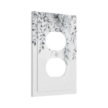 Imagem de Xuejiaku Capas de tomada cinza e branco folhas de eucalipto planta floral vintage 1 gangue placa de cobertura de interruptor de luz dupla placas decorativas de parede capa de soquete placa elétrica