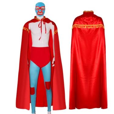 Imagem de Nahzsai Fantasia de lutador mexicano adulto masculino com máscara, capa vermelha de padre louco, roupa de cosplay para festa de Halloween, Vermelho, P