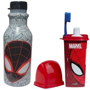 Imagem de Homem Aranha Kit Garrafa 500ml Porta Escova Dental Case - Plasutil