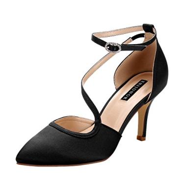 Imagem de ERIJUNOR sapato feminino confortável salto médio tiras no tornozelo vestido escarpim bico fino cetim casamento noite festa, Preto, 11