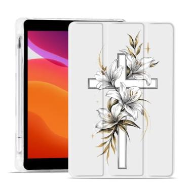 Imagem de MAYCARI Capa fashion Flower Cross para iPad 10 polegadas 2022 com suporte para lápis, estampa original de Páscoa iPad 10ª geração capa protetora traseira de TPU macio, capa fina hibernar/despertar