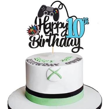 Imagem de 1 PCS Video Game Happy 10th Birthday Cake Topper Glitter Video Game Cake Pick Game On Controllers Ten Cheers to 10 Years Cake Decoration for Happy 10th Birthday Party Supplies Blue