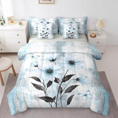 Imagem de Erosebridal Conjunto de cama casal de 7 peças com estampa de margarida abstrata e flores em aquarela, casa de fazenda, rústico, conjunto de edredom com lençol ombré, azul, cinza, branco
