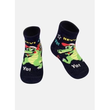 Imagem de Meia Soquete Puket Cano Média Bebê Menino Jacaré Azul Marinho 0 a 12 M