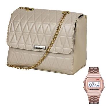 Imagem de Bolsa Metalassê Feminina Transversal Alça com Corrente Bege + Relógio 