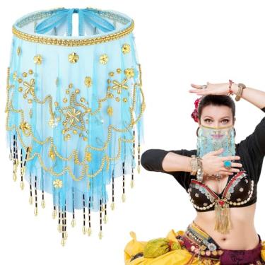 Imagem de Mepase Véu feminino de dança do ventre com miçangas e lantejoulas para fantasia de Halloween, acessório (azul lago)