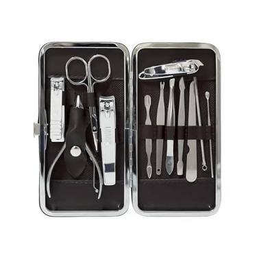 Imagem de Cortador De Unha Inox Kit 12 Peças Manicure com Estojo Portátil Unissex cortador de unha alicate tesoura empurrador de cutículas lixa pinça palito desencravadores de unha