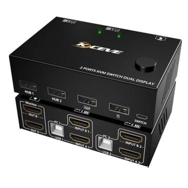 Imagem de KCEVE KVM Switch 2 Monitores 2 Computadores, HDMI KVM Switch Dual Monitor para 2 Computadores, 2 Monitores e 4 Dispositivos USB, 4K @30Hz 1080P@120Hz, com controle remoto com fio, cabo USB