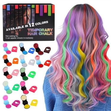 Imagem de Tintura de cabelo temporária com giz para meninas, crianças e adultos, maquiagem lavável para eventos esportivos, Halloween, Natal, aniversário, cosplay, festivais de cabelo faça-você-mesmo (12 cores)