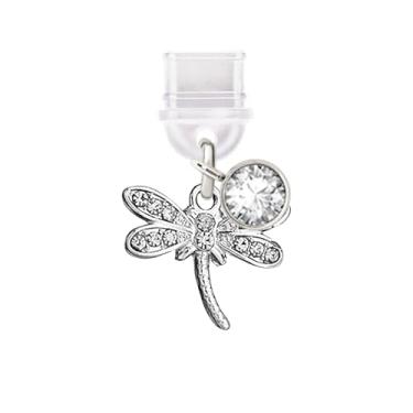 Imagem de ELISE & FONDA TP858 Tipo-C porta de carregamento cristal antipoeira pequeno cristal libélula pingente de telefone celular para iPhone 15/16/Samsung/OnePlus/Xiaomi/oppo telefones Android (branco)