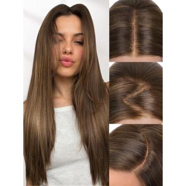 Imagem de FAVE Peruca frontal de renda sintética 33 x 10 cm, peruca loira mel com destaque, linha do cabelo pré-arrancada, HD, sem cola, para mulheres, aparência natural, peruca reta para uso diário sem parte