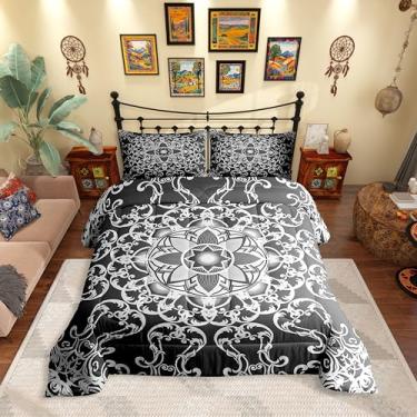 Imagem de Erosebridal Conjunto de edredom floral, tamanho casal, paisley, para crianças, meninas, mulheres, barroco, vitoriano, estético, branco, cinza, bege, conjunto de cama para todas as estações