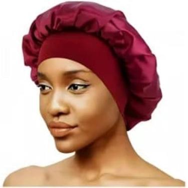 Imagem de Touca de Cetim Grande para Dormir com Faixa Larga Anti-Frizz - Gorro de Cetim com Aba Gigante, Proteção Cabelo Contra Frizz e Toque(3,vinho)
