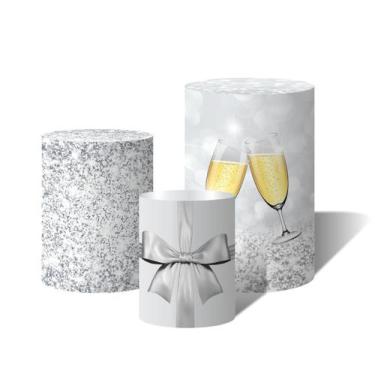 Imagem de Trio de Capas Cilíndricas Versátil Ano Novo Glitter Prata Laço  c/ Elá
