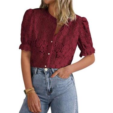 Imagem de Blusa feminina PRETTYGARDEN de renda de manga curta vermelha vinho