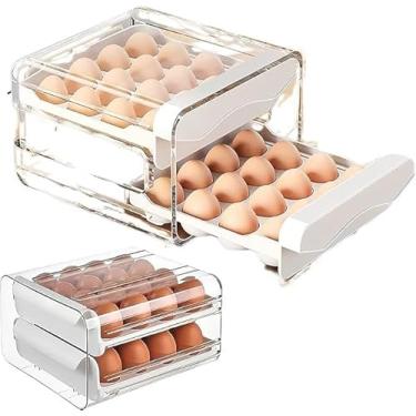 Imagem de Suporte Porta Ovos para Geladeira - Bandeja Organizador de 2 Camadas Andares com Gavetas Deslizantes - Capacidade para 32 Ovos Design Empilhável e Compacto - Protege e Economiza Espaço