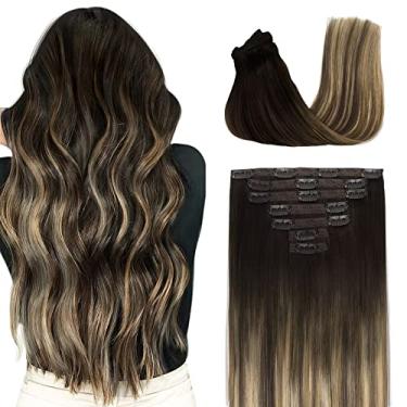 Imagem de Fimislosion Extensões de cabelo real com clipe em cabelo humano, extensões de cabelo sem costura, cabelo humano real, extensões de clipe de 50 cm para mulheres, balayage marrom escuro a marrom médio