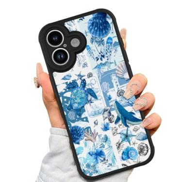 Imagem de AIGOMARA Capa feita para iPhone 17 [compatível com MagSafe] design de padrão de colagem de concha de tartaruga azul para mulheres meninas homens TPU macio hack PC traseira à prova de choque capa