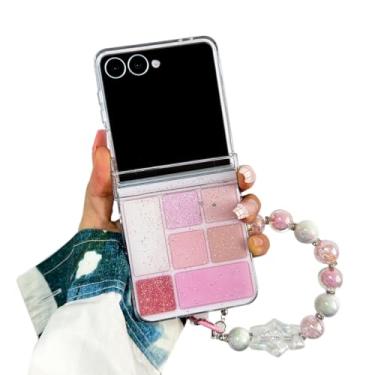 Imagem de GO-VOLMON Capa feminina com alça fofa para Galaxy Z Flip 7 design de paleta de sombras, capa protetora de dobradiça criativa moderna para meninas com corrente, linda capa de glitter para Galaxy Z Flip