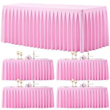 Imagem de Pacote com 4 toalhas de mesa retangulares rosa, 2,5 m, elástico, elastano para mesas retangulares de 2,3 m, toalhas de mesa de banquete, sem rugas, saia com babados, toalha de mesa para festa