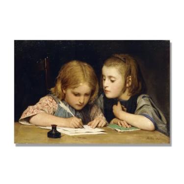 Imagem de Pinturas a óleo famosas, (Lições de escrita) por Albrecht Anker, reprodução impressa em tela, arte de cenário para decoração de sala de estar. Somente tela de 60 x 90 cm - 23,7 x 35,5 pol