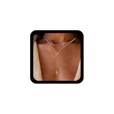 Imagem de Allereyae Colar vintage cruz Y Lariat colar de ouro cruz Y colar em camadas círculo gargantilha colares religiosos crucifixo pingente colares longos joias para mulheres