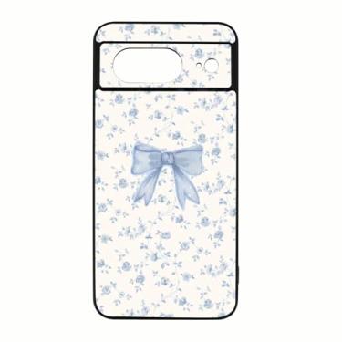 Imagem de qizjio Linda capa de telefone com laço azul à prova de choque estética floral flor azul capa de telefone para Google Pixel 8