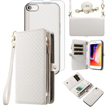 Imagem de Asuwish Capa de celular para iPhone 7/8/SE 2020/2022 carteira com zíper com alça protetora de tela flip porta-cartão iPhone7/8 7s 8s i SE2020 SE2022 2/2nd/3/3ª geração SE2 SE3 7SE 8SE feminina branca