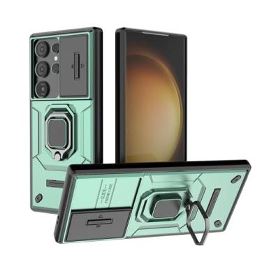 Imagem de SORAKA Capa para Samsung Galaxy S24 Ultra com suporte para anel e tampa deslizante para câmera Capa Samsung Galaxy S24 Ultra com placa de metal para suporte magnético Capa de camada dupla em PC e TPU