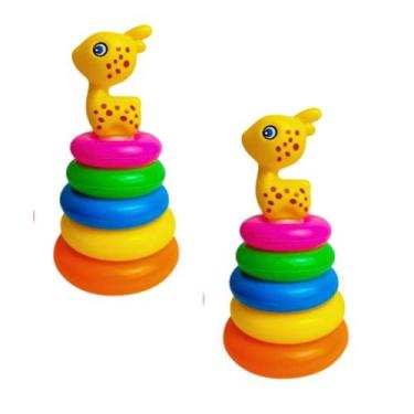 Imagem de Kit 2 Brinquedos Torre De Empilhar Argolas Arco Iris colorido bebê edu