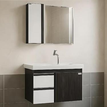 Imagem de Conjunto Gabinete Banheiro 58cm com Cuba Espelheira Armário (Nero/Branco)