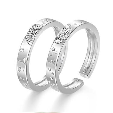 Imagem de Anéis de casal de sol e lua. 2 peças combinando anel de compromisso de casal ajustável para casais, lua crescente, amizade, estrela, amante, joia, joia, Cobre, Sem pedra preciosa