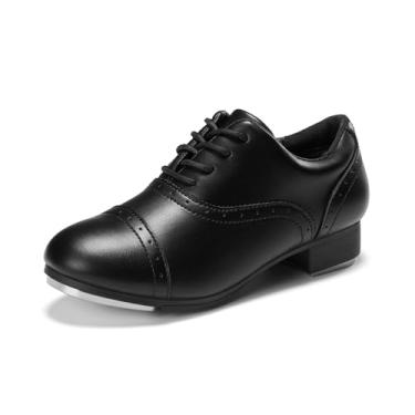 Imagem de PATPAT Sapatos de sapateado para meninos com cadarços, torneiras de liga de zinco, conforto triplo, estilo Oxford barroco, sola flexível antiderrapante para prática e desempenho, Preto - PU, 11 Little