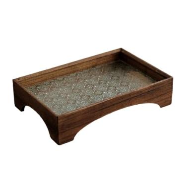 Imagem de Fenteer Bandeja de servir de madeira e vidro com, bandeja de armazenamento para banheiro, organizador de mesa para frutas secas, sala de estar, 30cmx20cm