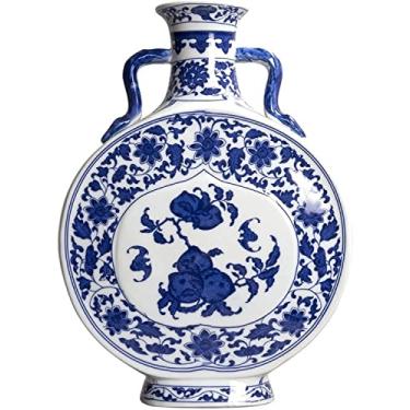Imagem de Vaso de flor vaso de cerâmica retrô chinês de porcelana azul e branco com duas orelhas grande de 11,8 polegadas vasos de grés pintados à mão para casa, sala de estar, decoração de mesa, vaso de flores