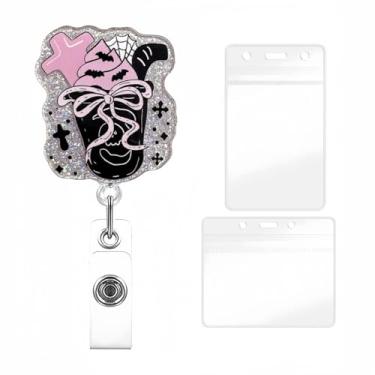 Imagem de YIHONGYAN Carretel de crachá de Halloween, porta-crachás, retrátil, clipes giratórios, carretéis engraçados, lápide preta, design de copo de neve, para mulheres, enfermeiras, médicas, professores