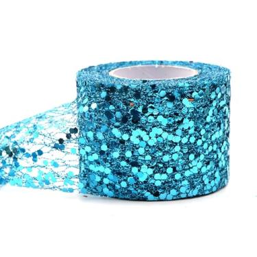Imagem de Fita de malha brilhante de 10 metros de largura 5 cm de largura de organza metálica brilhante lantejoulas borda de arame decorativo tecido de tule para embrulho de presente árvore de Natal (azul lago)