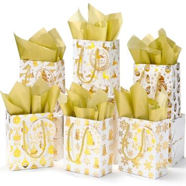 Imagem de BEAVOING Pacote com 12 sacos de presente de Natal com papel de seda, sacos de embrulho de Natal com cordão 12 x 14 x 6 cm com alças para lembrancinhas de festa de fim de ano