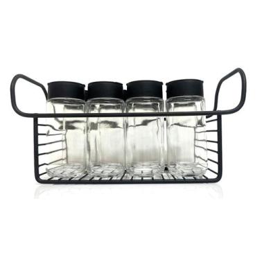 Imagem de Porta Tempero Condimento 8 Potes Vidro Tampa Dosadora Suporte Preto Or