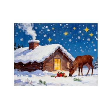 Imagem de Pinturas em tela Natal-Quadros Decoração de Parede-Cabana estrelas veados-Inverno Paisagens Impressões para Sala de Estar 60x80cm Sem Moldura