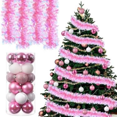 Imagem de Yuxung Guirlanda de Natal de 10 metros com 24 peças de enfeites de bola de Natal de 5 cm guirlanda metálica torcida para aniversário de casamento de Natal (rosa e branco)