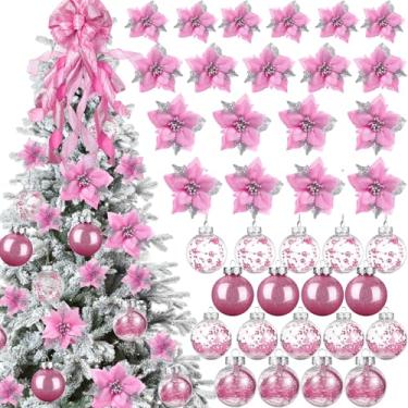 Imagem de Canlierr Conjunto de 49 peças de decoração de árvore de Natal rosa, arco de enfeite de árvore de Natal, 24 peças, flores artificiais de poinsétia com glitter de Natal e enfeites de bola de Natal de 5