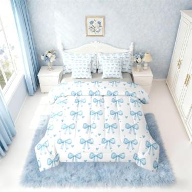 Imagem de Erosebridal Conjunto de cama solteiro com laço azul, 7 peças, princesa, sonhadora, laço azul, para decoração de quarto de crianças, adolescentes, mulheres, meninas, lençol com laço e coração