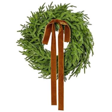 Imagem de Guirlandas de Natal para porta da frente, guirlanda de pinheiro verde artificial de 55 cm com laços de veludo para mesa, parede, janela, ambientes internos e externos, decoração de verão de Natal